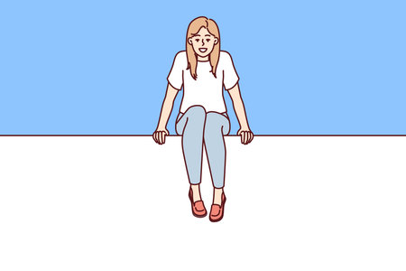 Young woman sits on blank billboard designed to advertise or promote marketing campaignのイラスト素材