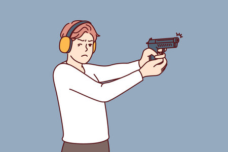Man with gun trains at shooting range to learn how to shoot and become sheriff or bodyguardのイラスト素材