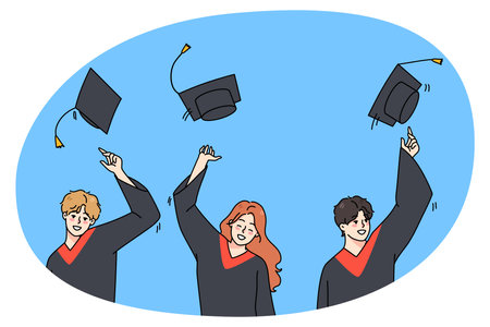 Excited students throw hats in air celebrate graduationのイラスト素材