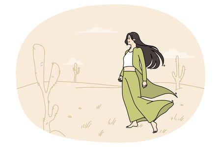 Young woman wandering alone in desertのイラスト素材