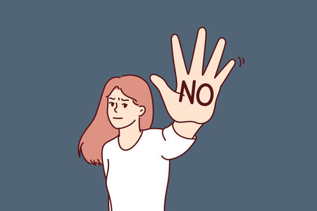 Brave woman makes stop gesture showing palm with inscription no to call for end to discriminationのイラスト素材