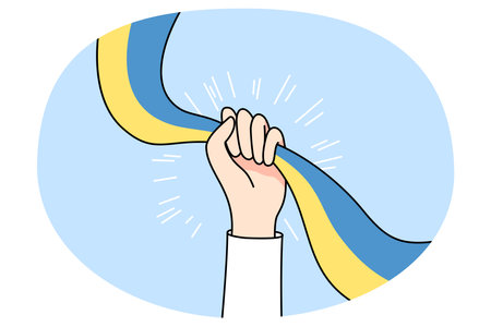 Person hand with Ukrainian flag against warのイラスト素材