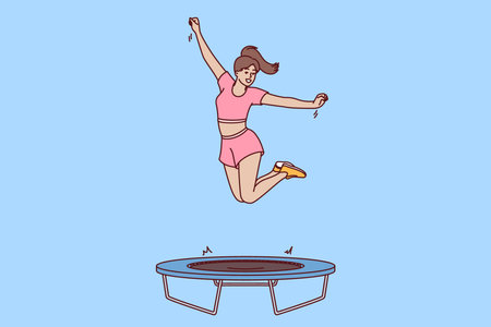 Woman fitness trainer jumps on trampoline teaching clients of sports club to do exercises correctlyのイラスト素材