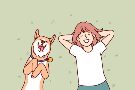 Little girl and dog lie on grass in backyard of house and enjoy sunny summer dayのイラスト素材