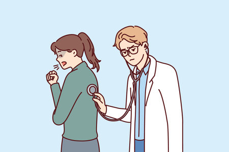 Doctor uses stethoscope examining coughing patient and auscultating woman suffering from fluのイラスト素材