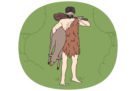 Caveman in tribe clothing hold preyのイラスト素材