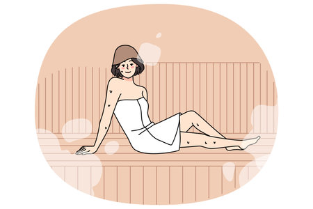 Young woman in towel relax in saunaのイラスト素材