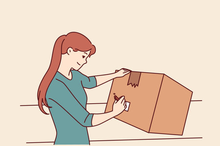 Woman with cardboard box signs package before sending goods through postal service or courierのイラスト素材