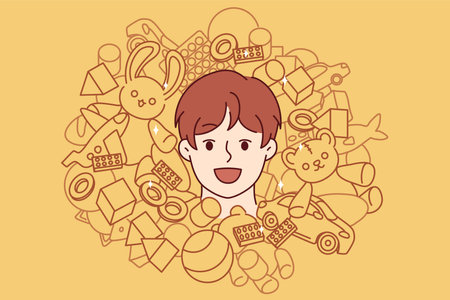 Face of teenager boy among toys and constructor for entertainment or development of childのイラスト素材