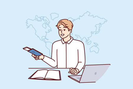 Travel agency man holding plane tickets and passport helping jorney customers around worldのイラスト素材