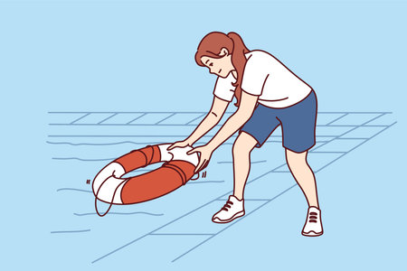 Woman throws lifebuoy into pool to help drowning or non-swimmer who has fallen into waterのイラスト素材