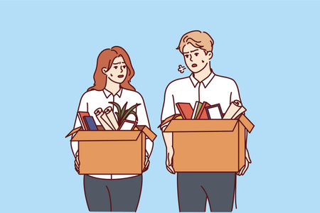 Dismissed man and woman with boxes leave workplaces after reduction of company staff due to crisisのイラスト素材