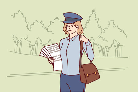 Woman postman delivers newspapers and fresh press with news or letters for residents of city.のイラスト素材