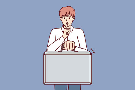 Business man holds suitcase and calls for silence without disclosing terms of contract and NDA rulesのイラスト素材