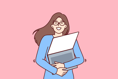 Geek woman with laptop hugs favorite gadget rejoicing at opportunity to learn via internetのイラスト素材