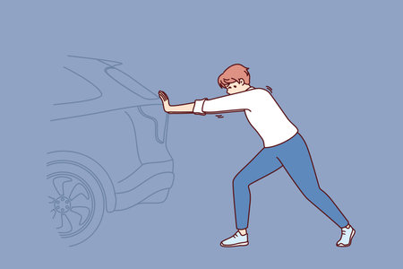 Man pushing broken car on road needs help of professional auto mechanic or tow truck for transportのイラスト素材