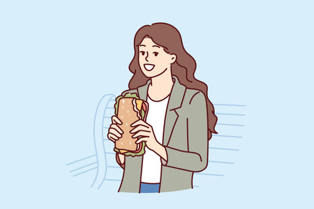 Woman eats sandwich while sitting on bench in park and enjoying street food and good weatherのイラスト素材