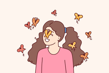 Little girl among butterflies flying and landing on face for spring mood conceptのイラスト素材