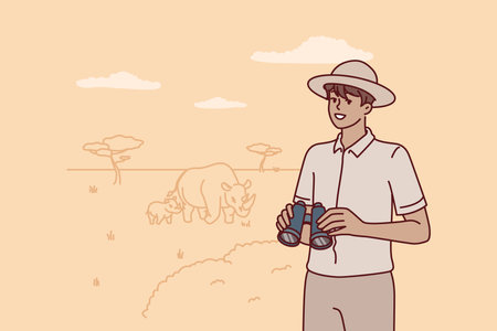 Man ranger with binoculars is watching animals in wild being in national reserve with hipposのイラスト素材