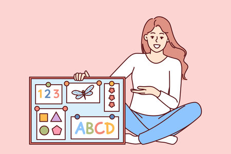 Woman english teacher in elementary school with magnetic board with multi-colored alphabetのイラスト素材