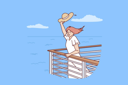 Woman tourist on cruise liner stands near side and waves hand rejoicing at travel across oceanのイラスト素材