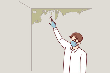 Man near wall with mold and spreading fungus that has arisen due to violation of building codesのイラスト素材