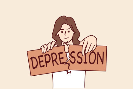 Woman breaks depression sign after overcoming psychological problems and mental disorderのイラスト素材