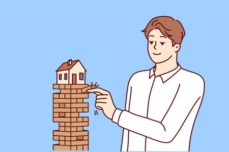 Man puts house in danger by pulling blocks from under building for concept of risky mortgage loanのイラスト素材