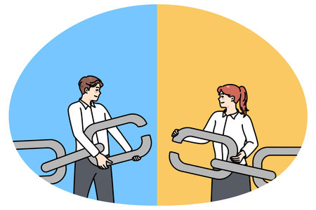 Businesspeople hold chain with missing linkのイラスト素材