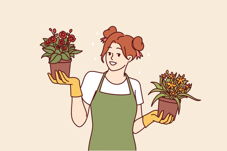Woman florist with flowers in pots offers to purchase home plants to decorate interior of apartmentのイラスト素材