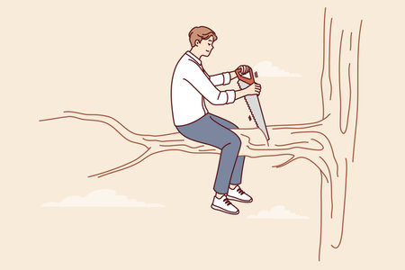 Man saws tree branch on which sits, symbolizing popular proverb about stupidity and shortsightednessのイラスト素材
