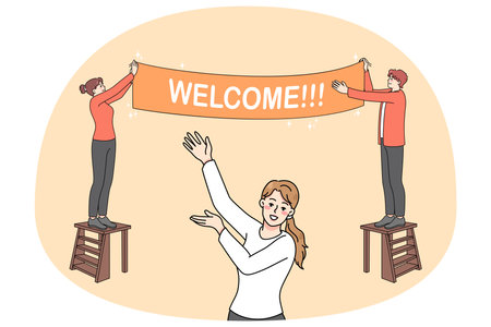 Happy people hanging welcome bannerのイラスト素材