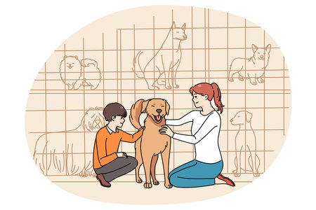 Happy mother and son adopt dog from shelterのイラスト素材