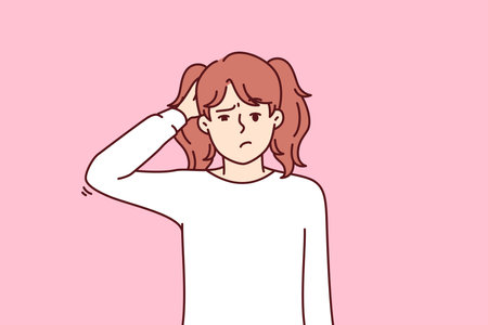 Confused little girl scratching head and looking at screen not knowing right answer to questionのイラスト素材