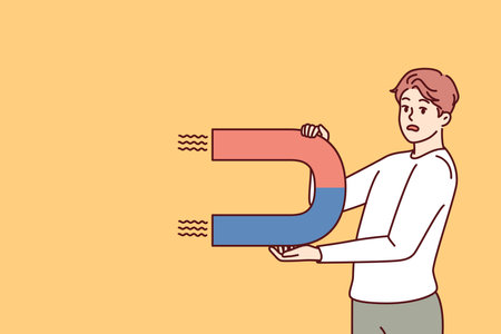 Worried man with magnet looks scared at screen for concept of trying to attract customers to companyのイラスト素材