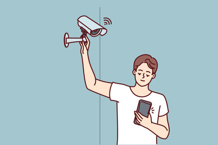Man sets up WIFI camera and monitors result via phone to secure apartment or business