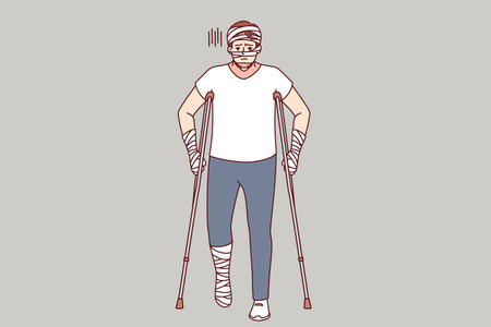 Ill man with bandages on hands and head uses walking aids after being involved in car accidentのイラスト素材