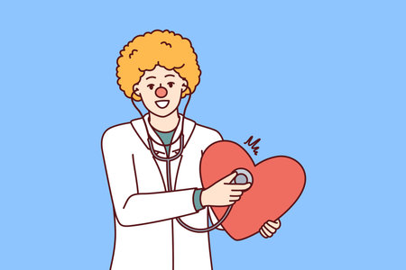 Doctor with clown haircut holds stethoscope and heart to congratulate children on red nose dayのイラスト素材