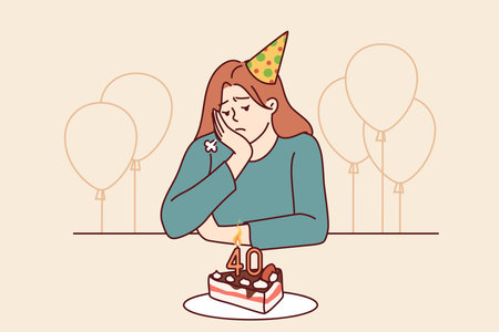 Lonely woman at birthday party with cake and balloons is sad due to lack of friendsのイラスト素材