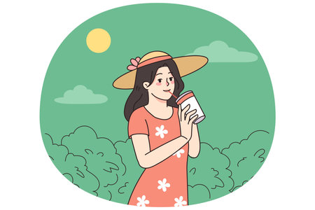 Happy girl enjoy cold drink in summerのイラスト素材