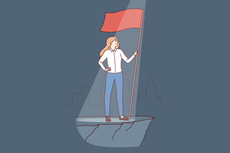 Woman leader with flag symbolizing ambition and desire to achieve business success or career growthのイラスト素材