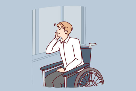Unhappy handicapped man sits in wheelchair and sadly looks out window suffering from lonelinessのイラスト素材
