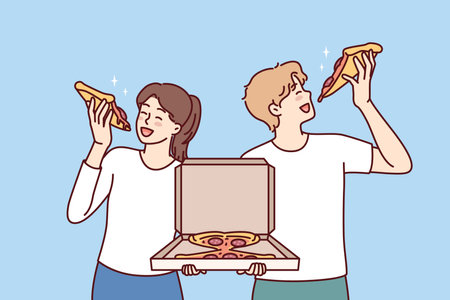 Man and woman eat pizza holding box of italian snacks and satisfying hunger togetherのイラスト素材