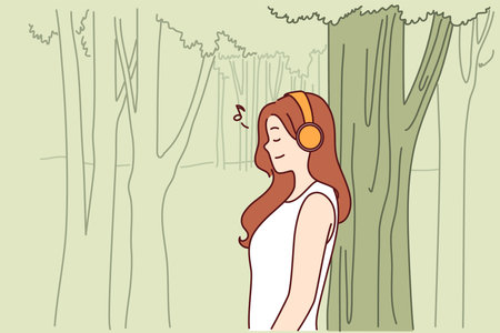 Woman listens to music through headphones standing in park near tall tree and enjoying good weatherのイラスト素材