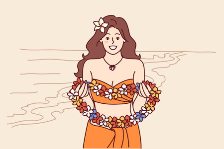 Woman from hawaiian beach holds flower lei garland and says welcome inviting tourists to islandsのイラスト素材