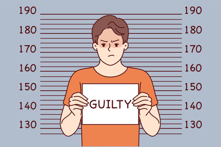 Man criminal with inscription guilty on sign stands near lines for measuring height arrested banditのイラスト素材