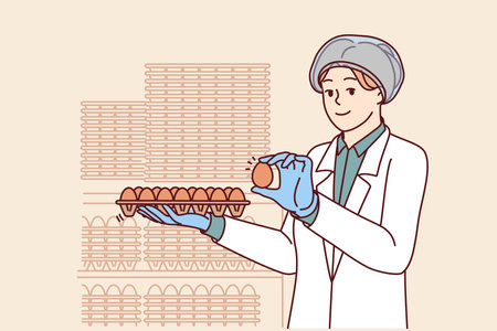 Woman factory worker holds chicken eggs while checking finished product for qualityのイラスト素材