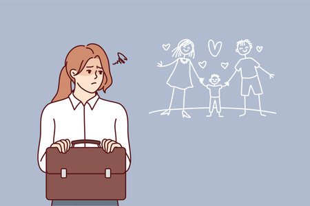 Frustrated business woman suffers dreaming of family life with husband and child.のイラスト素材
