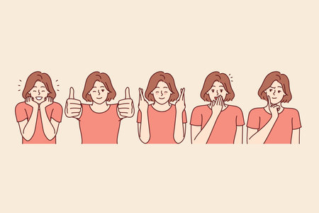 Woman makes happy facial expressions and approving gestures to share good mood and joyful emotionsのイラスト素材