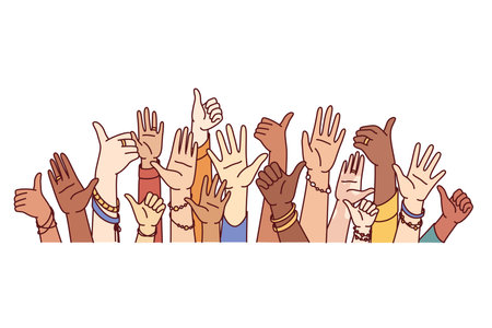 Hands diverse people showing thumbs up or greeting gestures symbolize unity and harmony in societyのイラスト素材
